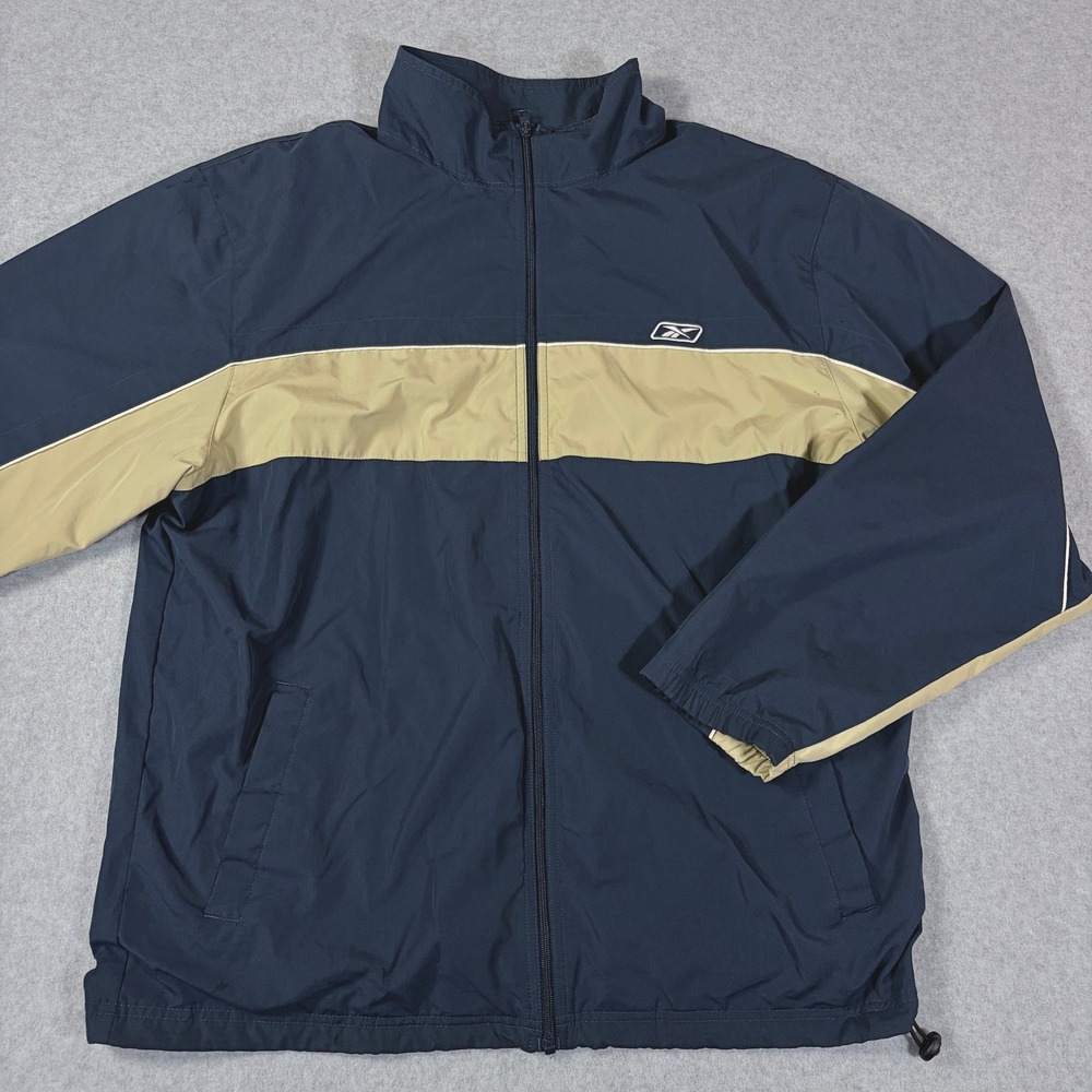 Reebok RBK Mens Large Navy Blue Tan Colorblock Full Zip Windbreaker Jacket